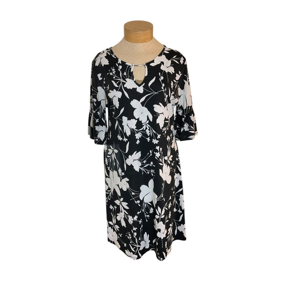Ruby Rd Womens Black White Floral Dress Bell Sleeve Keyhole Neckline Size L - Picture 1 of 11